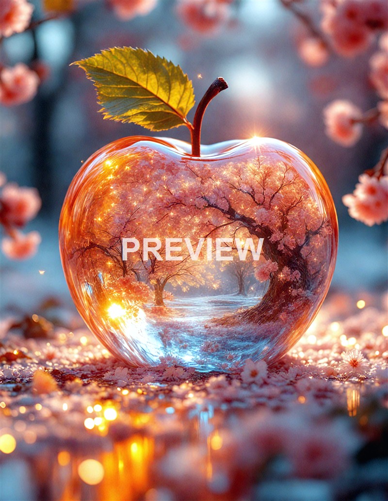 A glass apple with a scenic painting of pink cherry blossom trees and a pathway inside, set against a background of blooming cherry blossoms.